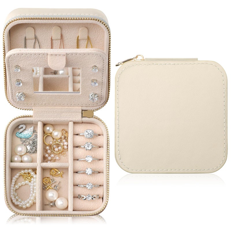 NGVRC Genuine Leather Travel Jewelry Case Organizer with Mirror for Women Small Jewelry Box Portable Mini Jewelry Case for Earring Ring Necklace BraceletBeige - Image 2