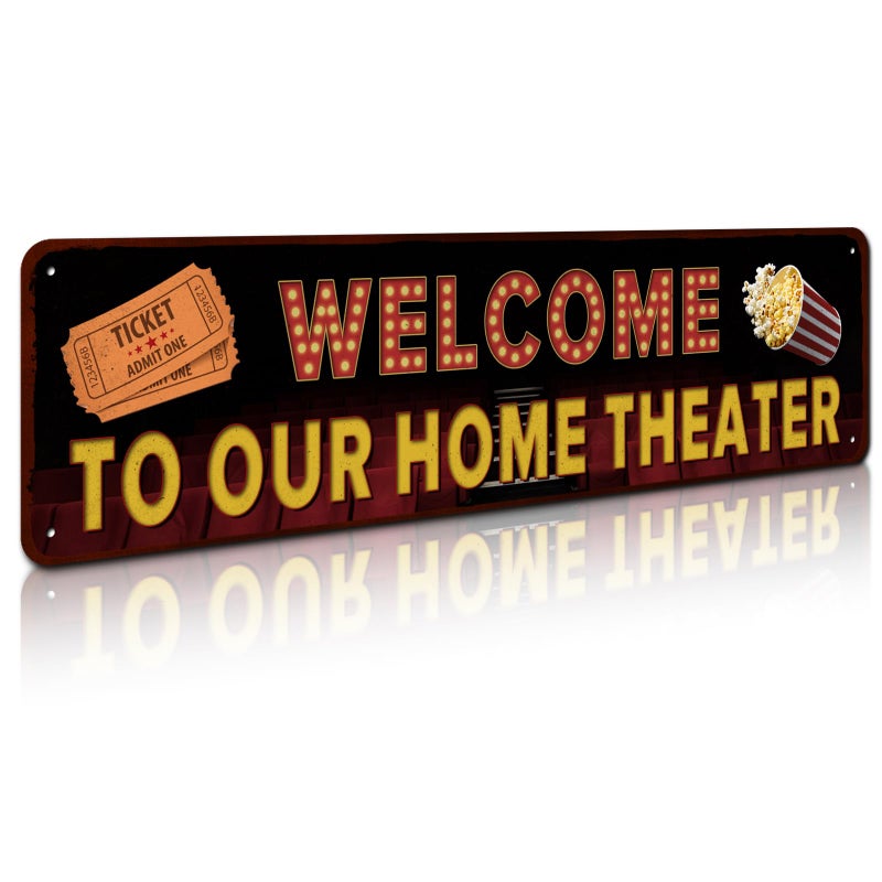 SOYAVE Movie Theater Sign  Vintage Wall Decor for Bar  Cafes Pubs  Media Room  4x16 Inches Aluminum Metal Sign (Welcome to Our Home Theater) - Image 1