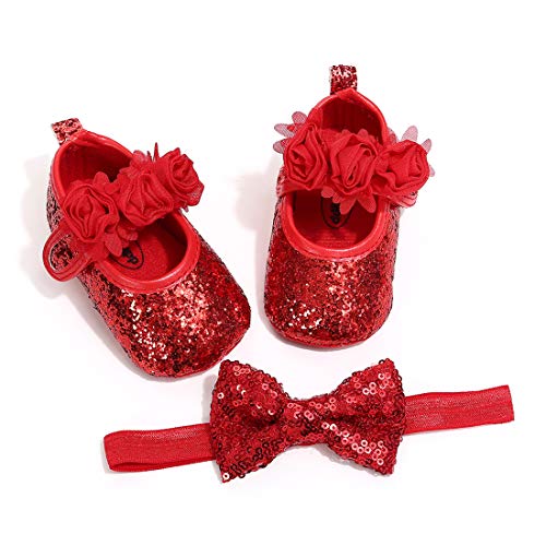 OAISNIT Baby Girl Mary Jane Flats Sparkly Soft Infant Princess Dress Crib Shoes with Headband - Image 1