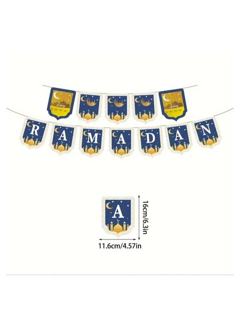LDQ 1 Pcs Ramadan Banner Party Decoration Room Decorated, Blue Lent Moon Wall Ramadan Decoration Pull Flags - Image 1