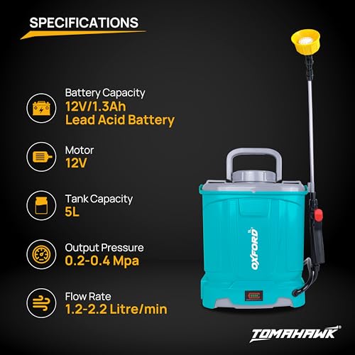 Tomahawk Oxford® ELE-0512 12V Battery Operated Sprayer 5L | Built-in 1.3Ah Battery | 1.2–2.2 L/Min Flow | 0.4MPa Pressure 4 Nozzles, Extendable Lance, Battery Indicator Agriculture & Garden Sprayer - Image 2