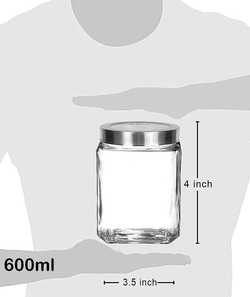 Vency Piramal Glass Cubical Square Transparent Glass Jars & Containers for Kitchen Pantry, Snacks, Masala, Jams, Pickles, Cookies, Dry Fruits, Coffee Beans Storage with Lid (600ml, Set Of 6) - Image 4