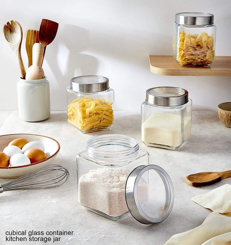Vency Piramal Glass Cubical Square Transparent Glass Jars & Containers for Kitchen Pantry, Snacks, Masala, Jams, Pickles, Cookies, Dry Fruits, Coffee Beans Storage with Lid (600ml, Set Of 6) - Image 3
