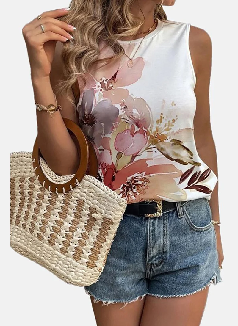 YUNIQEE Floral Printed Round Neck Sleeveless Top
