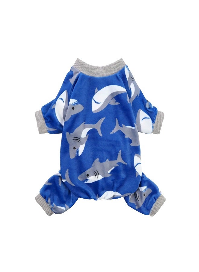 Fitwarm Shark Dog Pajamas, Dog Clothes for Small Dogs Girl Boy, Pet Onesie with Feet, Cat Outfit, Lightweight Velvet, Royal Blue, XS - Image 1