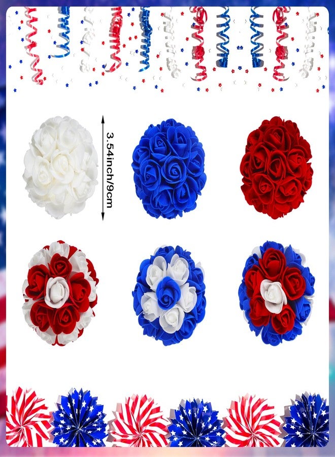 Maysing 6 Pcs Patriotic Rose Flower Balls, 3.5'' Red White Blue Decorative Balls for 4th of July, Memorial Day, Independence Day, Home Party Decor, Vase Bowl Filler Table Centerpiece Craft Supplies - Image 2
