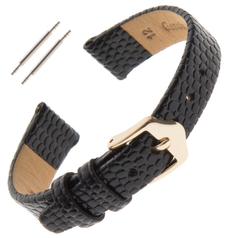 Gilden حزام ساعة جلد العجل بنقشة السحلية المسطحة للنساء 10-14 مم Gilden F40-0112 (عرض نهاية 12 مم، أسود، مشبك بلون الذهب) - Image 4