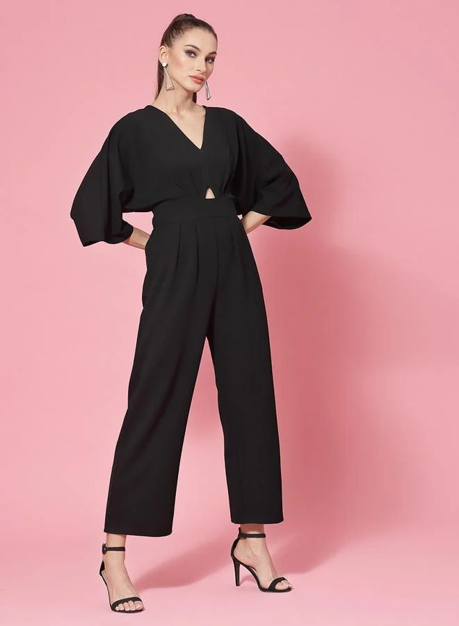 كاجوالي Black Wide Leg V Neck Jumpsuit