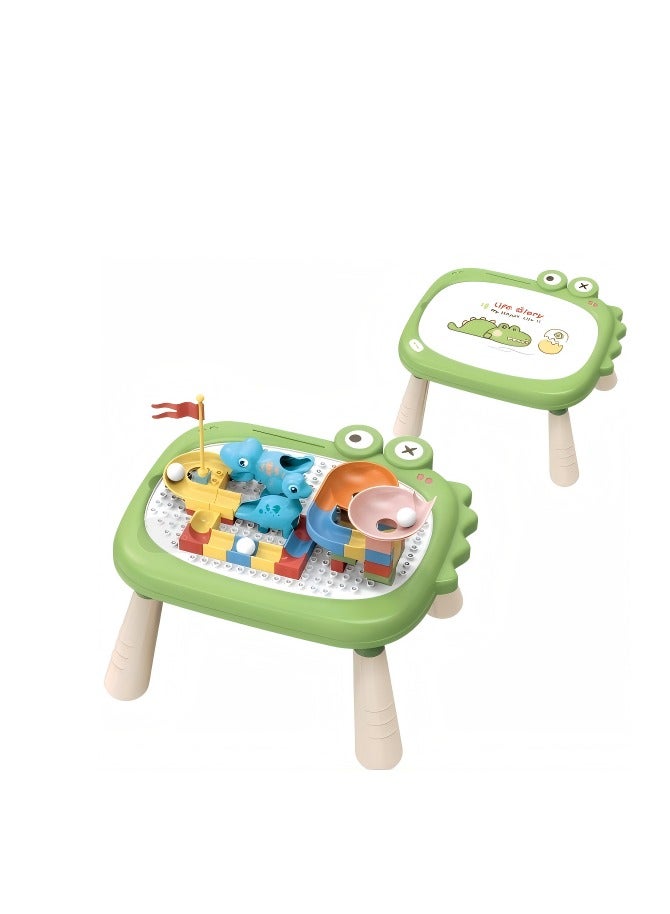 Building Block Learning Table(contains Cute Dinosaur Building Block Learning Desk + Chair + 77-Animal Slide Building Blocks)