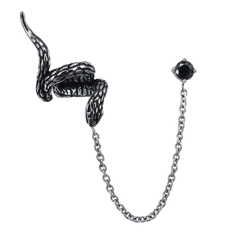 PunkTracker Snake Punk Chain Earrings 316L Stainless Steel Stud Cuff Earrings Cartilage to Lobe Clip On Jewelry Men