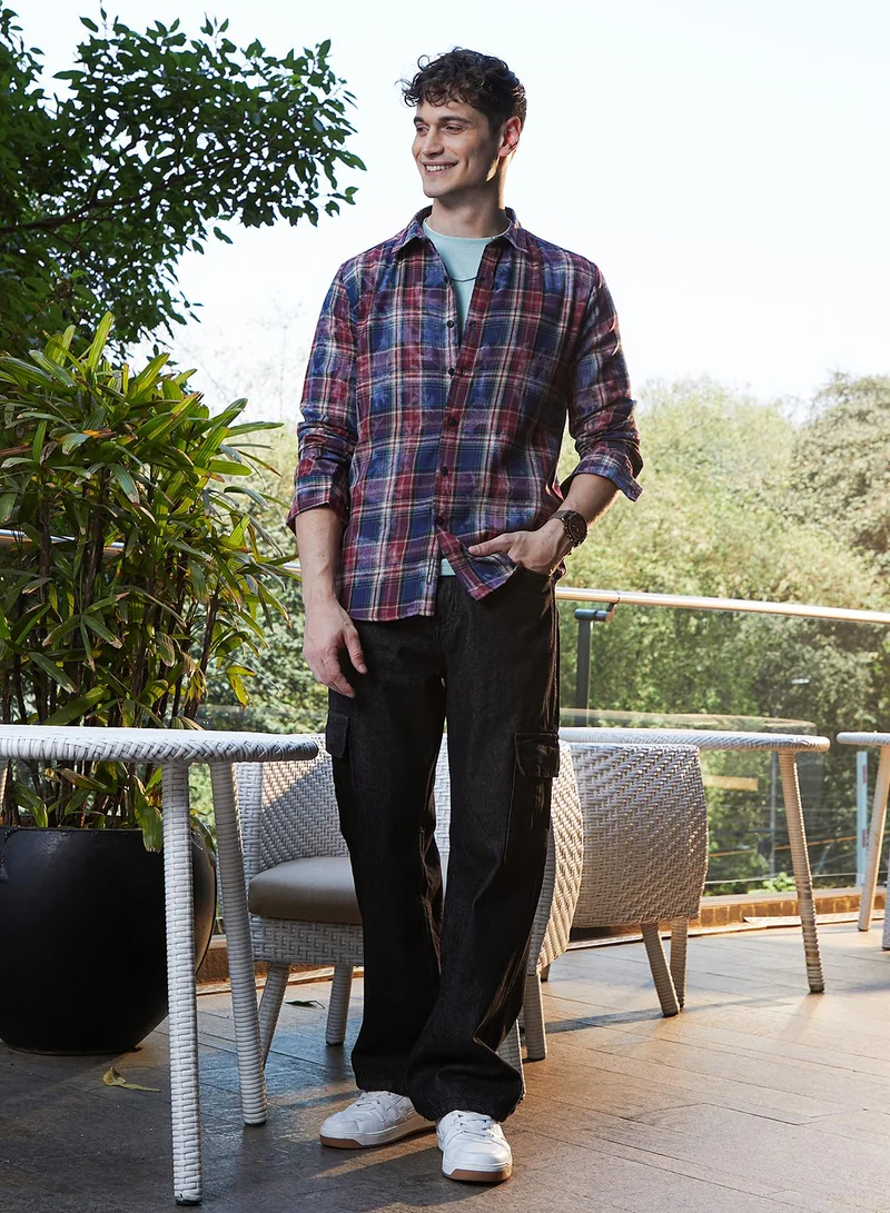 Campus Sutra Men's Indigo Blue & Sangria Red Dark-Plaid Relaxed Shirt