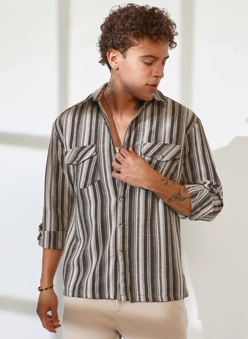 Campus Sutra Campus Sutra Men's Brown Multitrack Striped Oversized Shirt For Casual Wear | Spread Collar | Long Sleeve | Button Closure | Oversized Shirt Crafted With Comfort Fit For Everyday Wear