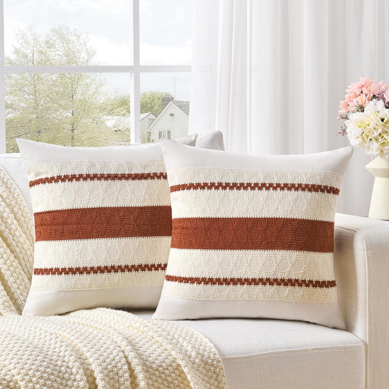 Fancy Homi Set of 2 Rust Boho Decorative Throw Pillow Covers 18x18 Inch for Couch Bed Sofa Aesthetic Modern Organic Fall Room Decor Soft Cotton Cute Terracotta Textured Farmhouse Cushion Case