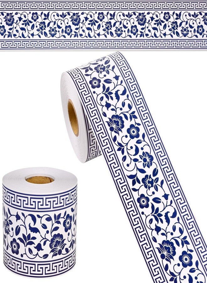 Bolsome 98.4 Ft Chinoiserie Bulletin Board Borders Blue White Vintage Floral Patterned Bulletin Board Borders for Classroom Blackboard Wall Desk Decoration - Image 1