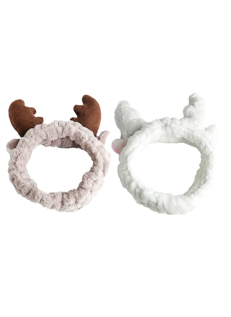 YALLNASL Deer Antler Spa Headband for Women Girls Washing Face Headbands Make Up Heads Bands for Women Soft Coral Fleece Stretchy Hair Bands for Skin Care Christmas Elk Headband Gift 