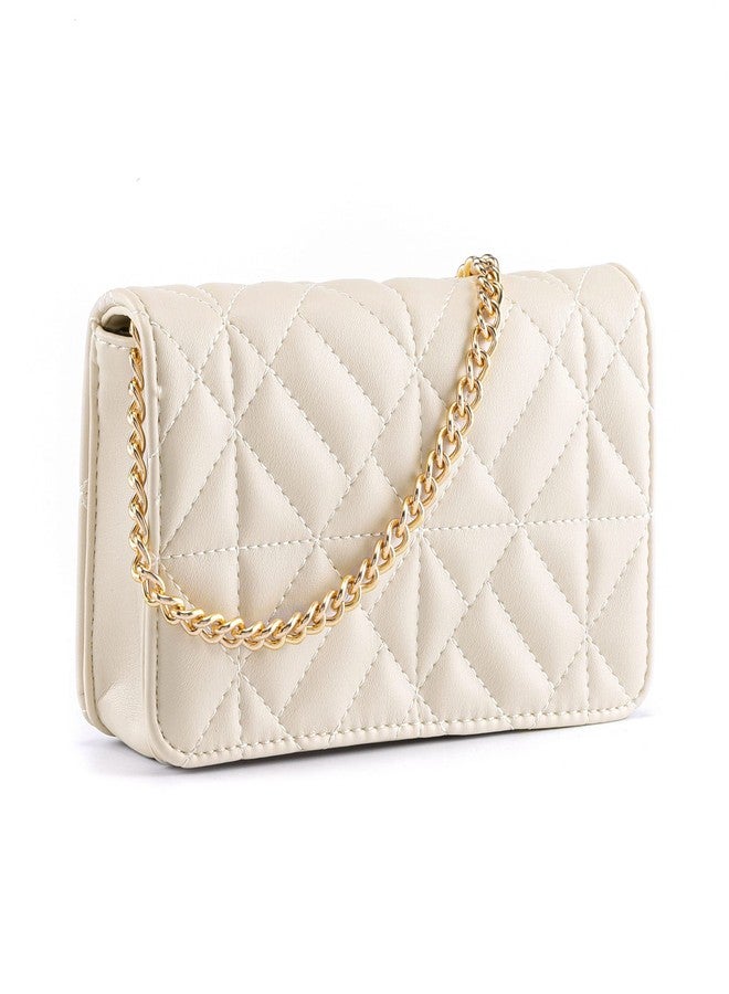 FALETO Small Quilted Crossbody Bags for Women Creamy White Shoulder Bag Clutch Purses Designer Handbags Satchel Evening Party Bag with Gold Chain Faux Leather Trendy Mini Club Purse Wallet - Image 1