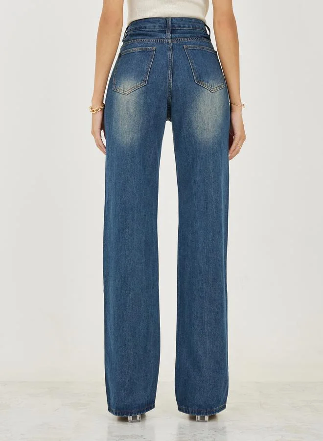 Styli High Rise Panelled Straight Leg Jeans