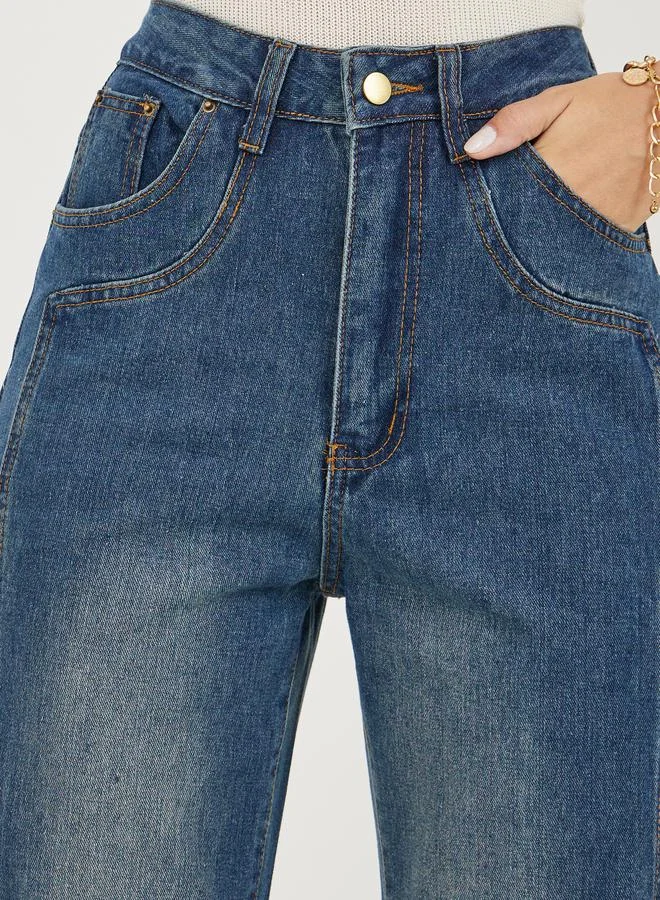 Styli High Rise Panelled Straight Leg Jeans