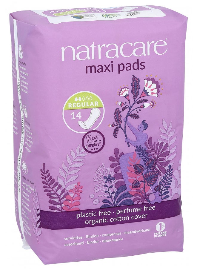Natracare Natural Traditional Style Maxi Pads, Regular, Individually Wrapped, Without Wings in Plant-Based Bag (1 Pack, 14 Pads Total)