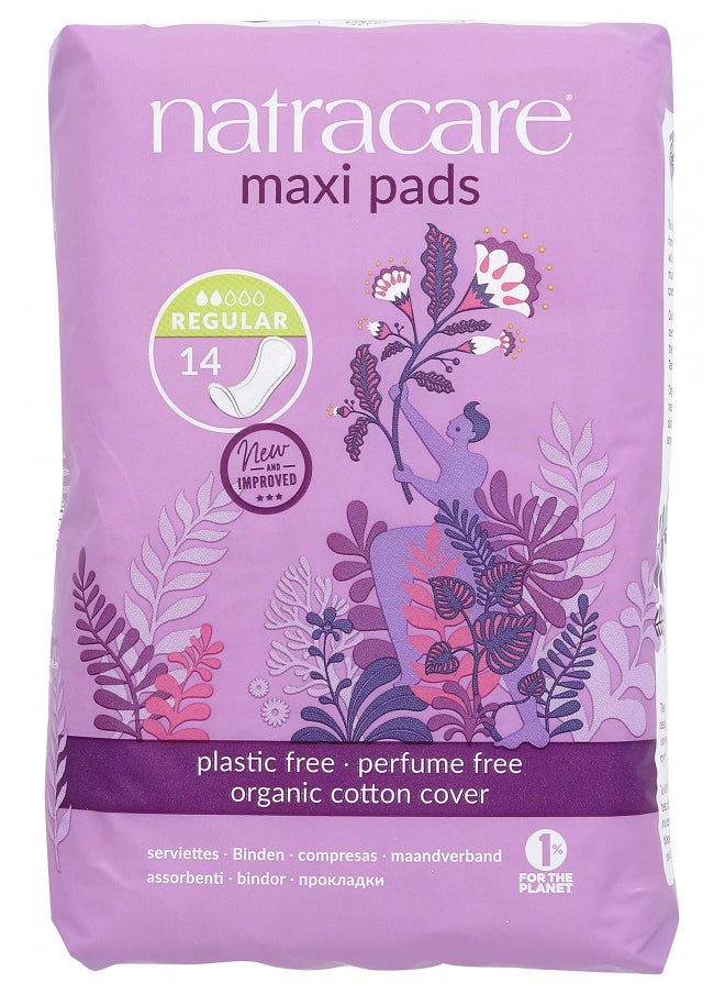 Natracare Natural Traditional Style Maxi Pads, Regular, Individually Wrapped, Without Wings in Plant-Based Bag (1 Pack, 14 Pads Total)