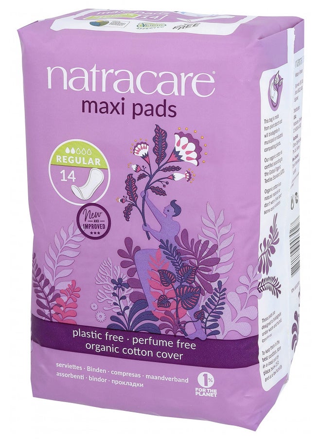 Natracare Natural Traditional Style Maxi Pads, Regular, Individually Wrapped, Without Wings in Plant-Based Bag (1 Pack, 14 Pads Total)