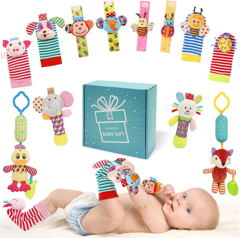 BLOOBLOOMAX Wrist Rattles Foot Finder Rattle Sock Baby Toy,Rattle Toy,Arm Hand Bracelet Rattle,Feet Leg Ankle Socks,Activity Rattle Present Gift for Newborn Infant Babies Boy Girl Bebe (12 Animals) - Image 1