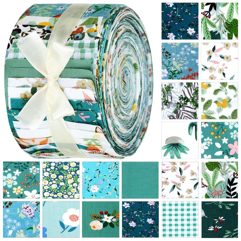 Kingdder 70 Pcs Floral Cotton Fabric Patchwork Roll Cotton Quilting Fabric Roll up Cotton Fabric Quilting Strips 2.55 Inch Precut Patchwork Roll for Craft Sewing DIY Crafts (Green Flower) - Image 1