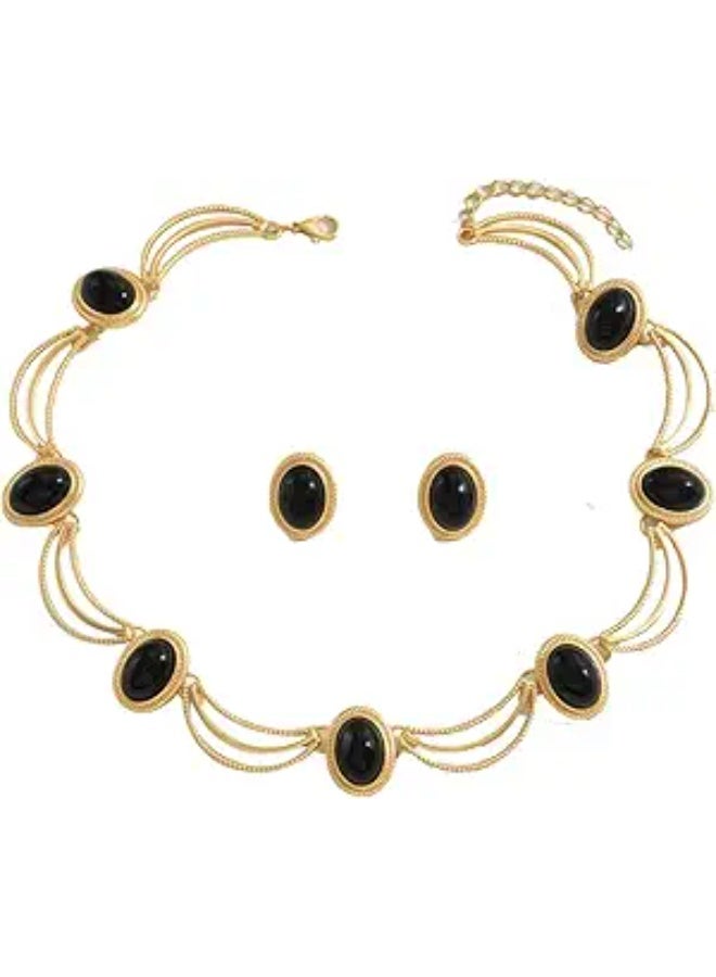Black Gemstone Jewelry Set: Gold - Plated Necklace & Earrings, Vintage - Inspired Design, Oval Black Stones, Elegant Party & Evening Wear Accessories - Image 1