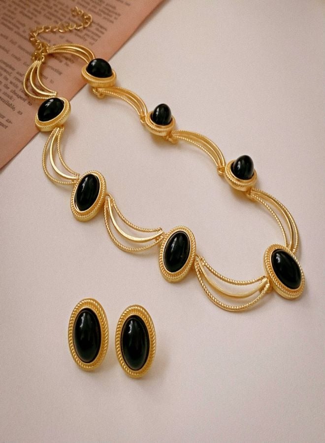 Black Gemstone Jewelry Set: Gold - Plated Necklace & Earrings, Vintage - Inspired Design, Oval Black Stones, Elegant Party & Evening Wear Accessories - Image 5