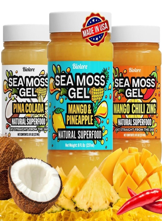 Biolore Sea Moss Gel Variety Pack - Total 24oz - Flavored Superfood with Natural Electrolytes - Mango-Pineapple, Pina Colada, Mango Chili - Wildcrafted Mango Jam Sea Moss - Minerals, Vegan, Made in USA - Image 1