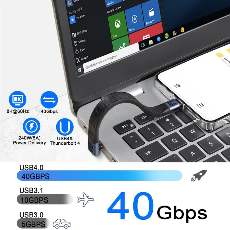 KWSLIN USB C Male to 90° Angle Type C Male PD Fast Charging Short Cable, 240W 40Gbps Type C Flat Slim Soft Data Cable for Laptop Smartphone Power Bank Gaming Consoles - Image 2