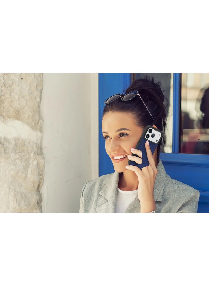 LEVELO iPhone 17 Pro Case Morphix Cuero Gripstand With Magnetic Strap For Secure Hold & Horizontal & Vertical Stand / Raised Edges / One-Hand Grip / Shock-Resistant Bumper / Luxury Printed Branding Back Cover / Slim Fit Design - Midnight Blue - Image 3