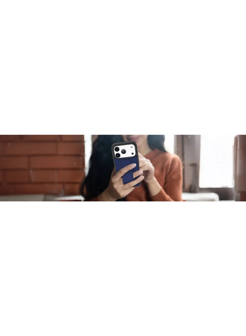 LEVELO iPhone 17 Pro Case Morphix Cuero Gripstand With Magnetic Strap For Secure Hold & Horizontal & Vertical Stand / Raised Edges / One-Hand Grip / Shock-Resistant Bumper / Luxury Printed Branding Back Cover / Slim Fit Design - Midnight Blue - Image 5