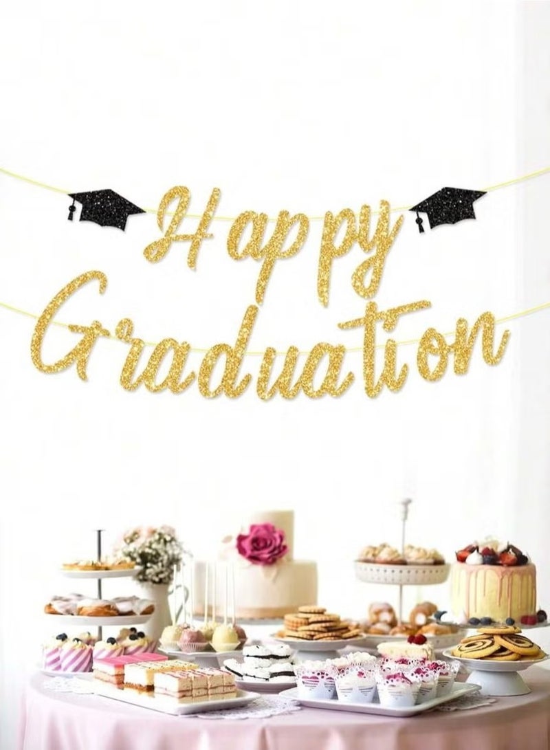 Happy Graduation Banner Decoration in Gold with Graduation Cap Design, One Piece to Add a Special Touch to Your Graduation Party, Size 300cm - Image 1