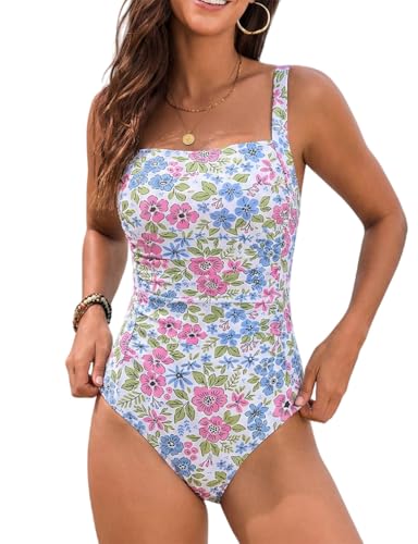 YIMISAN Women's One Piece Swimsuit Square Neck Sporty Ruched Slimming Monokini High Cut Tummy Control Bathing Suit - Image 1