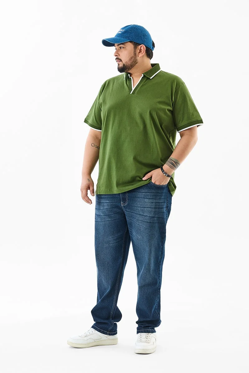 سنيتش Olive Solid Half Sleeve Regular Fit Plus Size T-Shirt