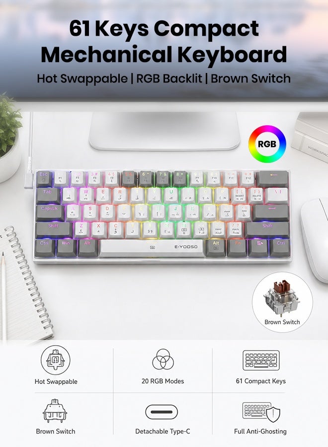 E-YOOSO Z-11 Gaming Keyboard 60% Mechanical Keyboard  Hot Swappable Custom Keyboard RGB Backlit with Brown Switches , Ultra-Compact 61 Keys Mechanical Gaming Keyboards for Windows, Mac PS (White Grey) - Image 1