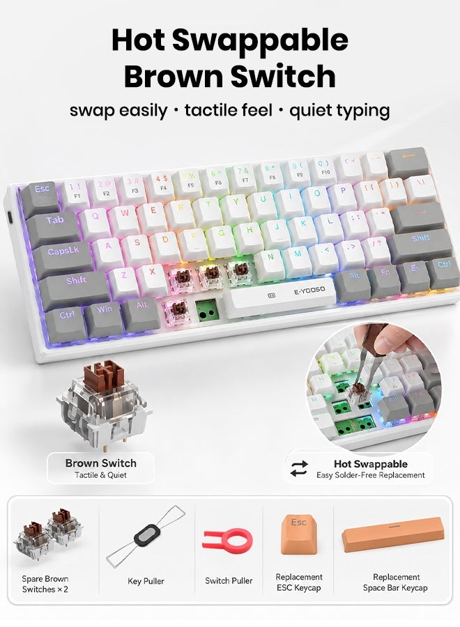 E-YOOSO Z-11 Gaming Keyboard 60% Mechanical Keyboard  Hot Swappable Custom Keyboard RGB Backlit with Brown Switches , Ultra-Compact 61 Keys Mechanical Gaming Keyboards for Windows, Mac PS (White Grey) - Image 3