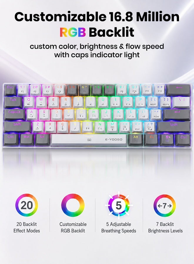 E-YOOSO Z-11 Gaming Keyboard 60% Mechanical Keyboard  Hot Swappable Custom Keyboard RGB Backlit with Brown Switches , Ultra-Compact 61 Keys Mechanical Gaming Keyboards for Windows, Mac PS (White Grey) - Image 4