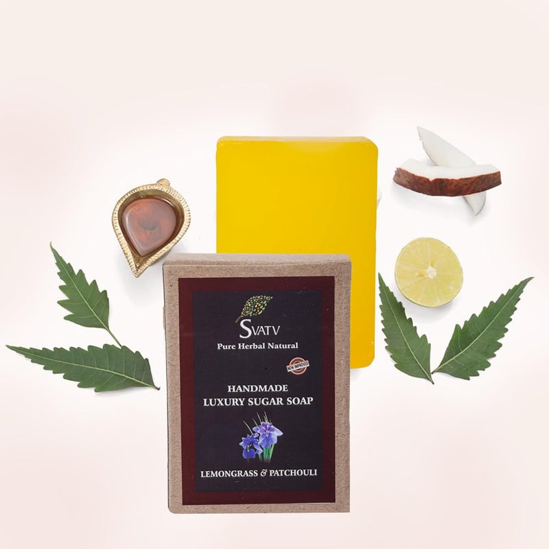 SVATV Handcrafted Soap with natural soothing herbs of LEMONGRASS  PATCHOULI For Men and Women   Kosher  GMP Certified Soap  Traditional Ayurvedic Herbal Soap for all skin type  125g
