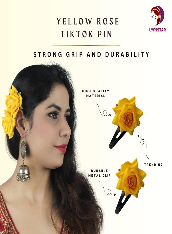 LYF5STAR Handmade Artificial Yellow Rose Flower Tiktok Hairpin | Bridal Hair Accessories | Artificial Yellow Rose Hair pin | Stylish and Elegant Hair Accessories for Women & Girls | Pack of 2 - Image 3