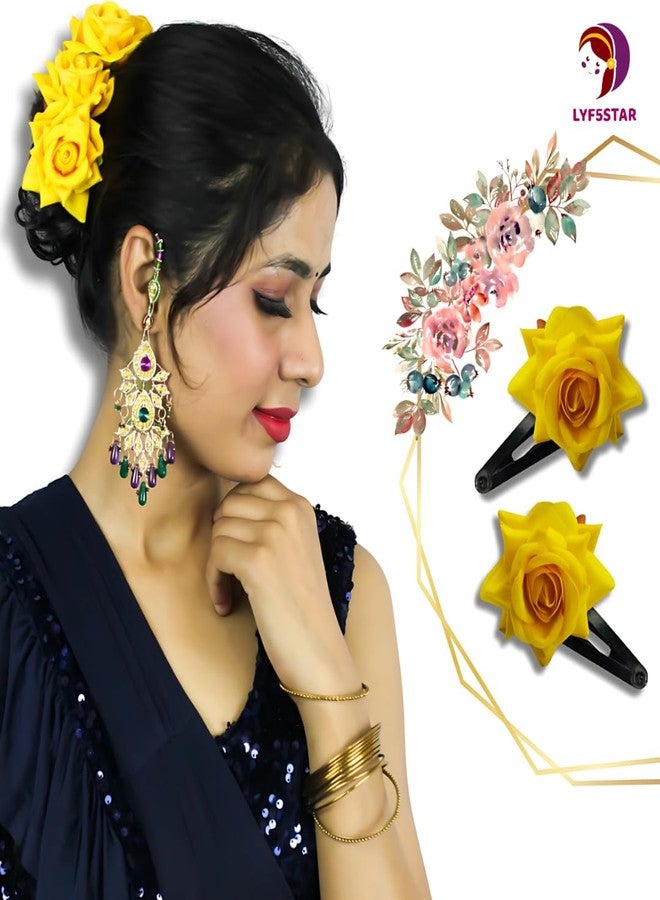 LYF5STAR Handmade Artificial Yellow Rose Flower Tiktok Hairpin | Bridal Hair Accessories | Artificial Yellow Rose Hair pin | Stylish and Elegant Hair Accessories for Women & Girls | Pack of 2 - Image 2