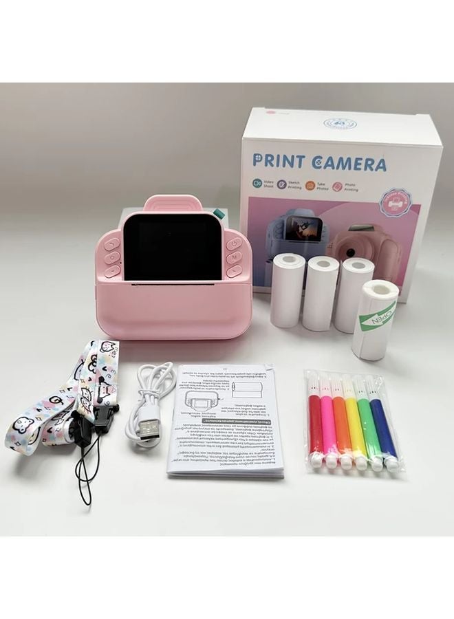 Pink Instant Print Camera Bundle with Photo Paper Stickers and Colored Pencil - Image 1