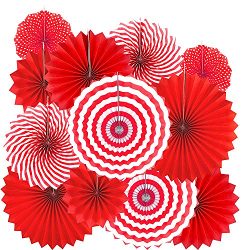 AKIO CRAFT Red Hanging Paper Fans Decorations - 12pc, Party Photobooth Props, Festive Elegance, Paper, Hanging, 12 Count - Image 1