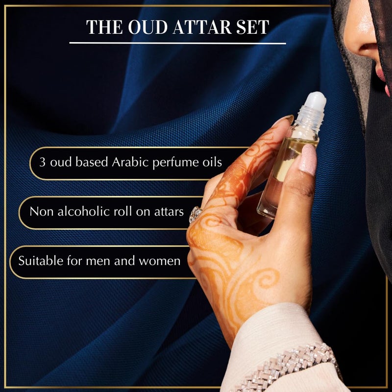 DUKHNI Oud Attar Oil Set by Dukhni Arab perfume oils for men and women 3 assorted roll on perfume scents x 6ml Arabian oudh oil fragrances Eid Ramadan Gift Set Halal Vegan Islamic Fragrances - Image 2