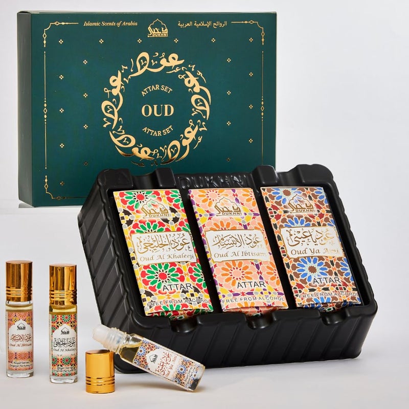 DUKHNI Oud Attar Oil Set by Dukhni Arab perfume oils for men and women 3 assorted roll on perfume scents x 6ml Arabian oudh oil fragrances Eid Ramadan Gift Set Halal Vegan Islamic Fragrances - Image 1
