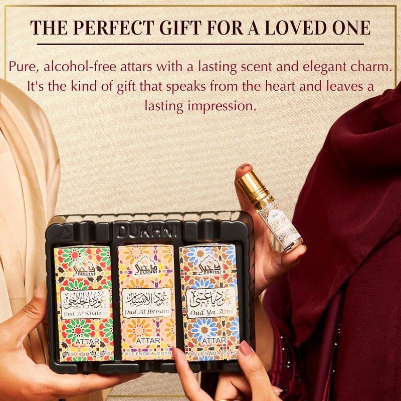 DUKHNI Oud Attar Oil Set by Dukhni Arab perfume oils for men and women 3 assorted roll on perfume scents x 6ml Arabian oudh oil fragrances Eid Ramadan Gift Set Halal Vegan Islamic Fragrances - Image 5