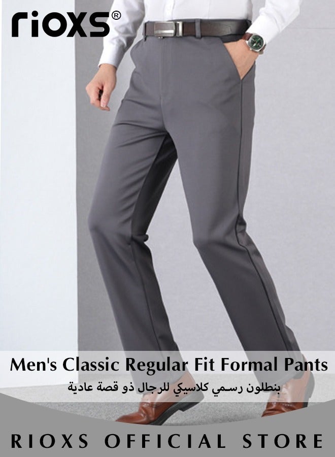 ريوكس بنطلونات رجالية رسمية، بنطلونات رجالية كلاسيكية مطاطية، بنطلونات عصرية بساق مستقيمة وواجهة مسطحة، بنطلونات عمل غير رسمية مع جيوب، بنطلونات أنيقة ومريحة، مناسبة للأنشطة الترفيهية والخارجية، رمادية - Image 2