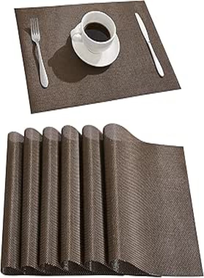 DOLOPL Brown Placemat Placemats Waterproof Placemats Set of 6 Crossweave Woven Vinyl Laminated Table Mat Easy to Clean Heat Resistant Wipeable Placemats for Dining Table