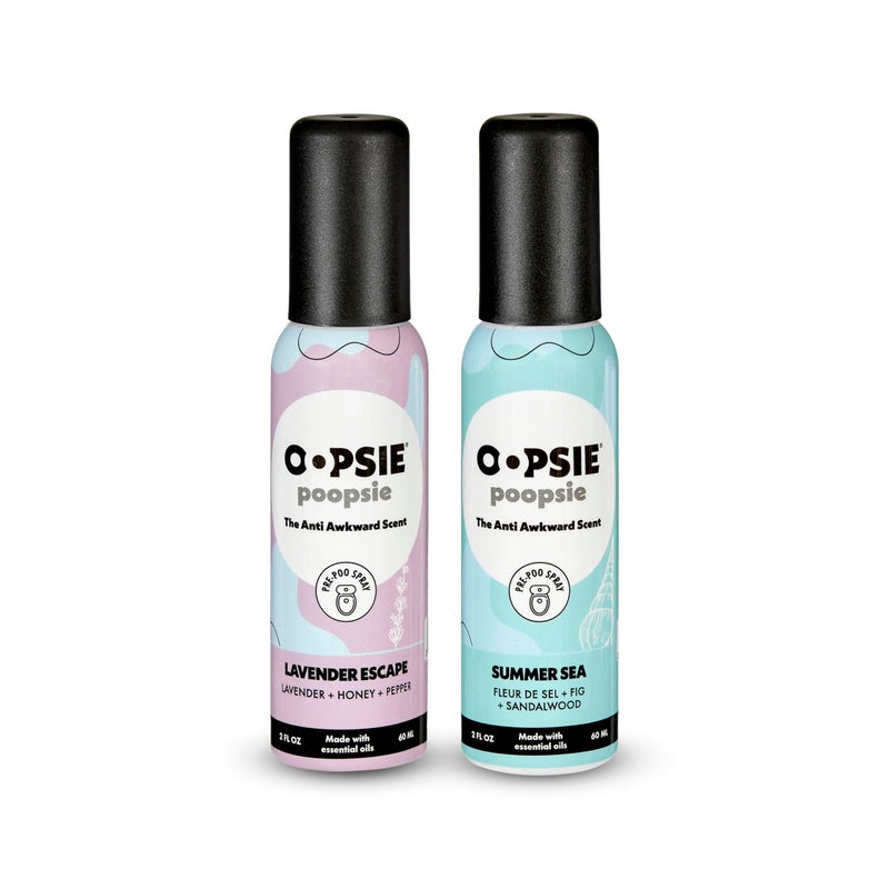 رذاذ المرحاض Oopsie Poopsie Pre GO المحمول الأصلي لرذاذ Prepoo للاستخدام أثناء التنقل بروائح متنوعة هروب اللافندر و بحر الصيف مزيل روائح المرحاض زجاجة 2 أونصة مجموعة هدايا 2 عبوة